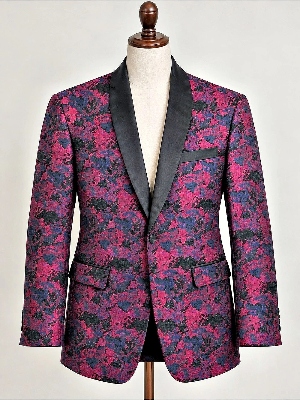 Men's Abstract Pattern Tuxedo-Style Blazer Burgundy & Black